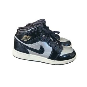 Nike Air Jordan 1 Mid SE Patent Black Silver Basketball Kids 6.5Y, Womens 8